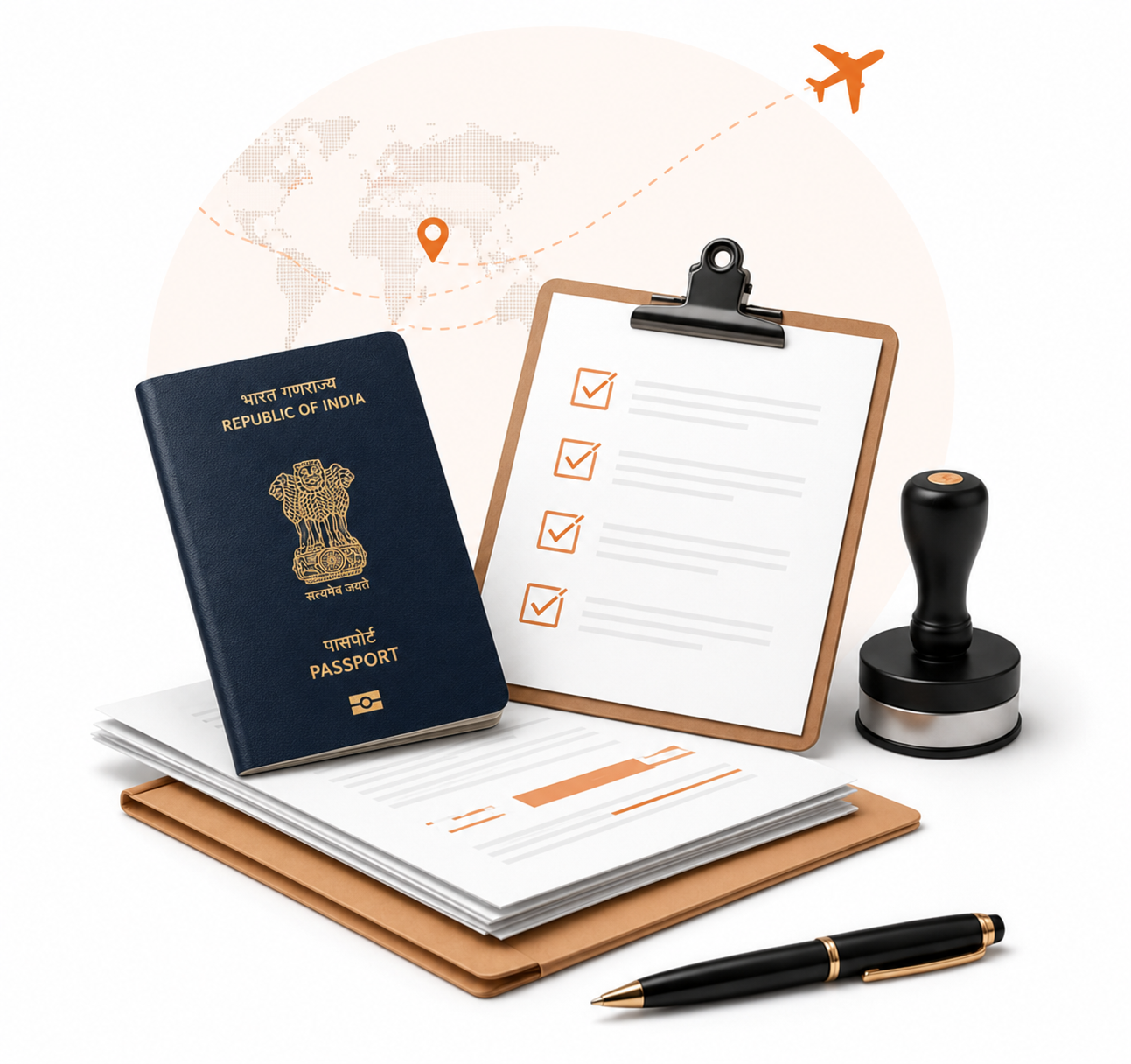 Indian passport, clipboard with orange checklist, rubber stamp, manila folder with application forms, and a pen against a world map background